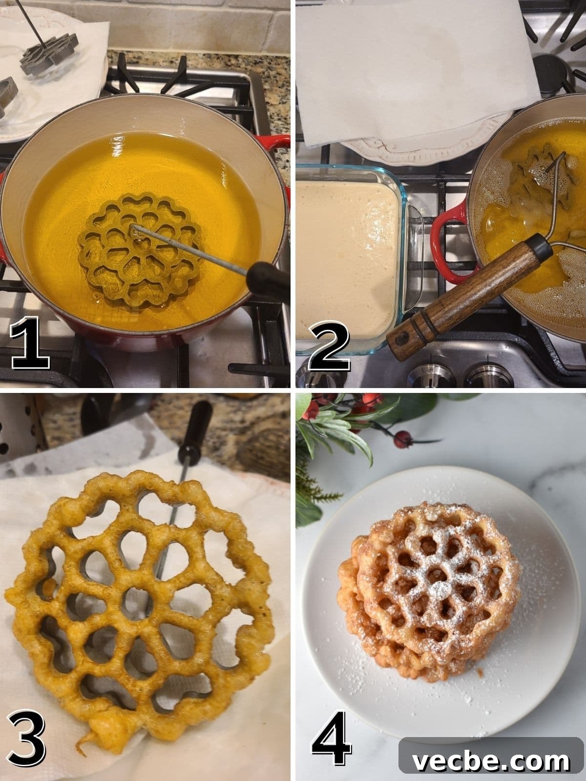 Crispy Rosette Cookies Recipe 3 Step by step for frying rosette cookies by dipping iron into oil, then into batter, then frying in a pot.