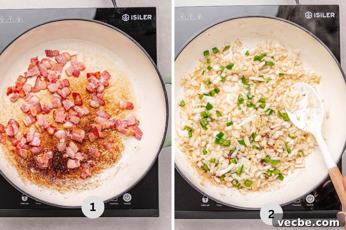 One-Pot Baked Beans with Ground Beef Recipe 5 Cooking the bacon and sautéing the onion and jalapeño.