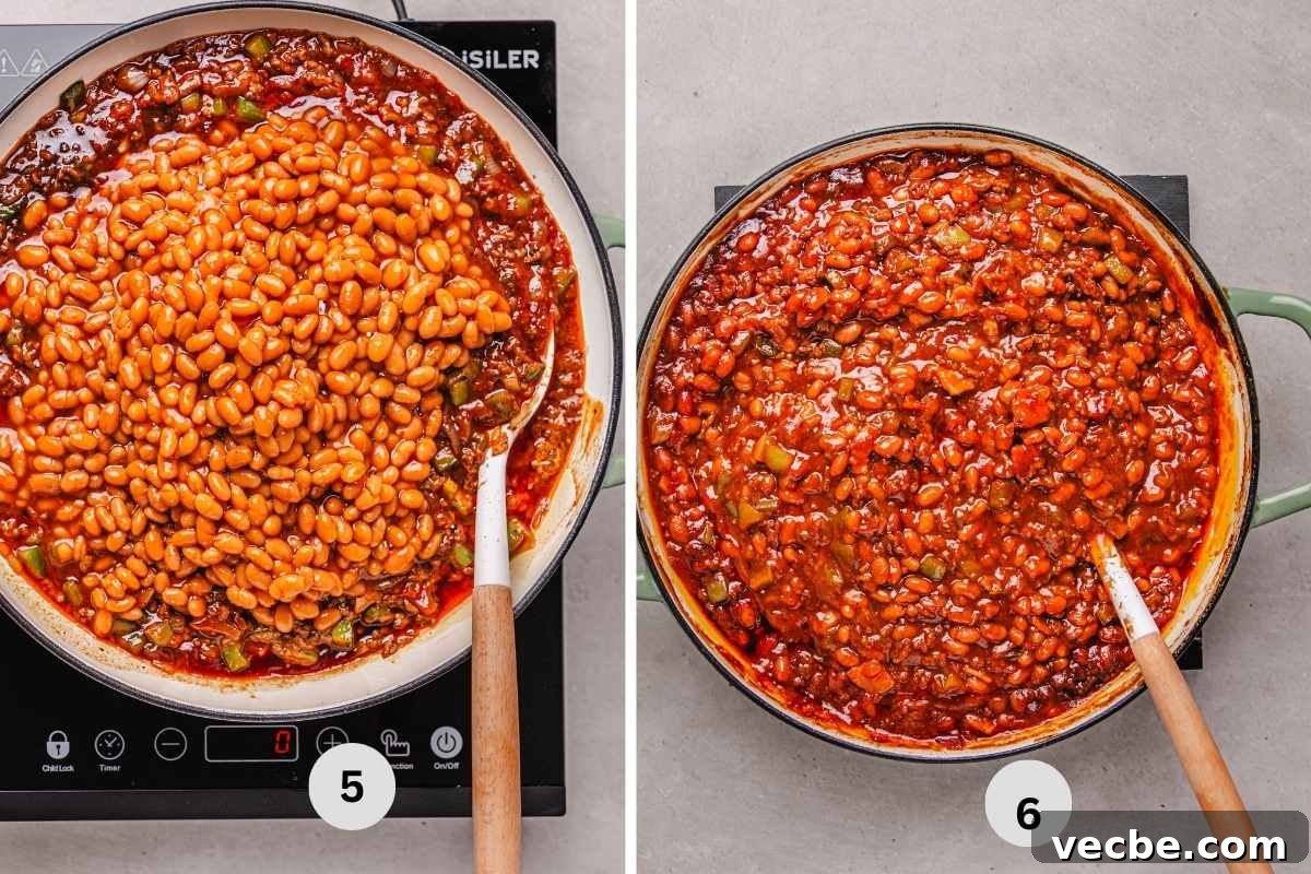 One-Pot Baked Beans with Ground Beef Recipe 7 Adding the baked beans and cooked bacon into the rest of the sauce.