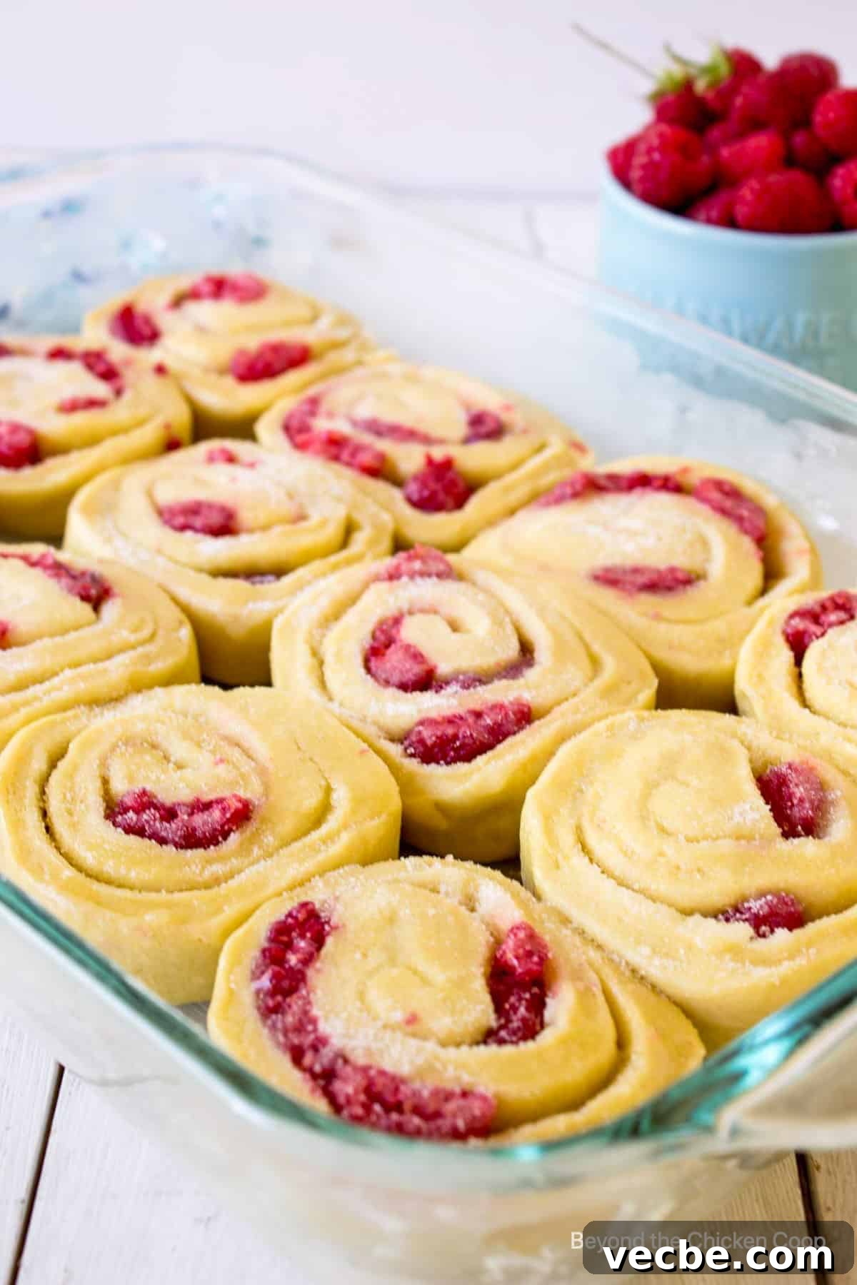 Homemade Raspberry Sweet Rolls Recipe 6 A baking dish filled with unbaked sweet rolls.