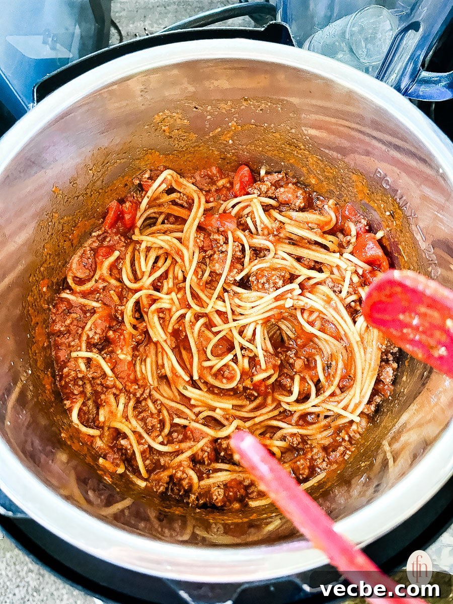 Instant Pot Spaghetti Bolognese Recipe 5 Prepared spaghetti ready to serve from the Instant Pot.