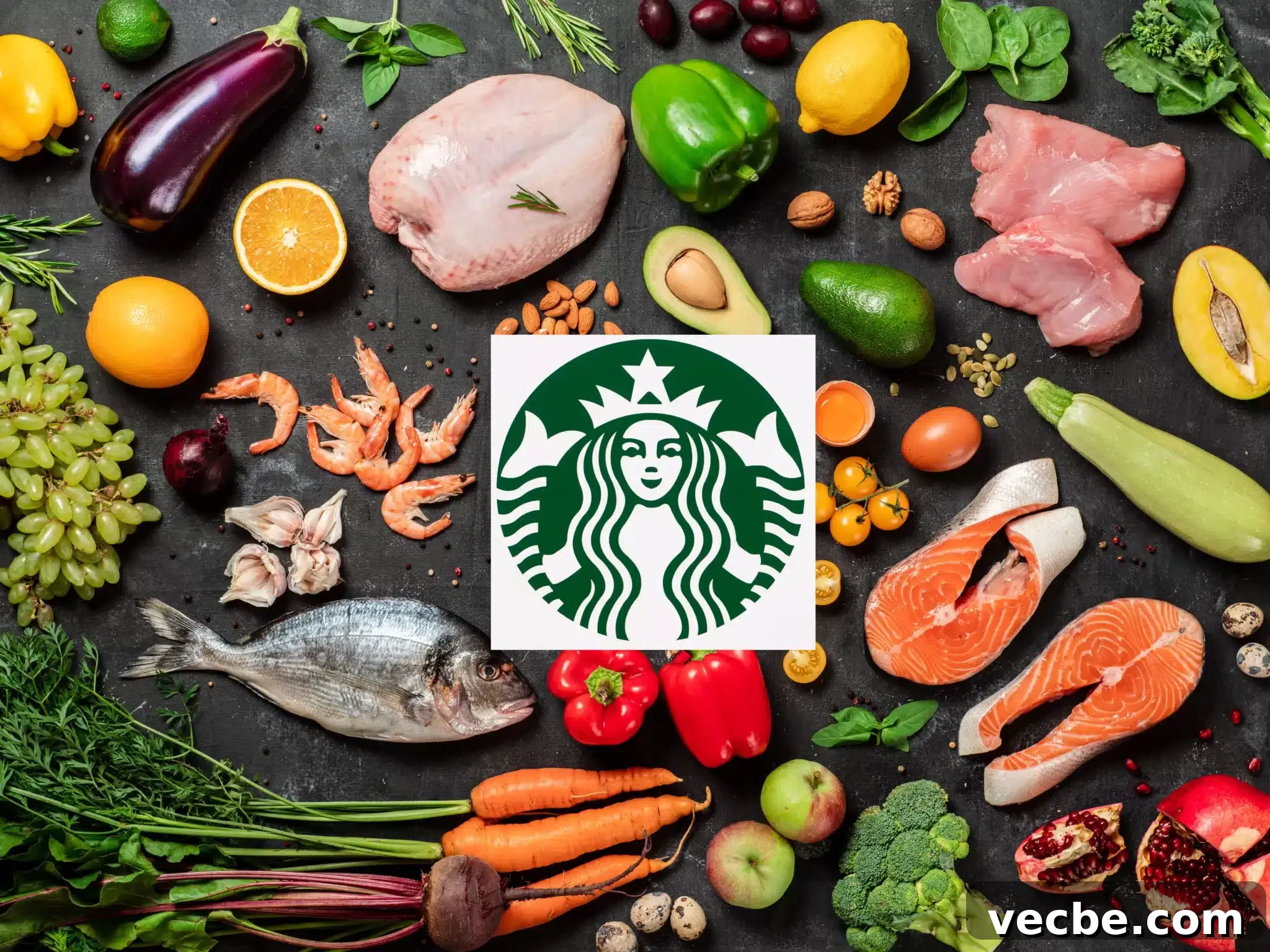 Starbucks Paleo Menu: Complete Food and Drink List 2 A Starbucks logo in the center of a paleo diet-friendly collection of items, all set against a dark background.