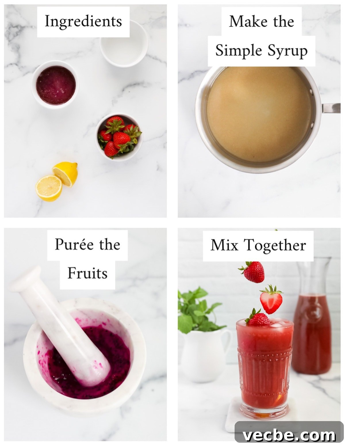 Strawberry Acai Lemonade Recipe 4 Four pictures in a collage including: ingredients, a pot full of simple syrup labeled simple syrup, puree the fruits with a bowl of pureed fruit, and mix together with a glass filled with pink lemonade