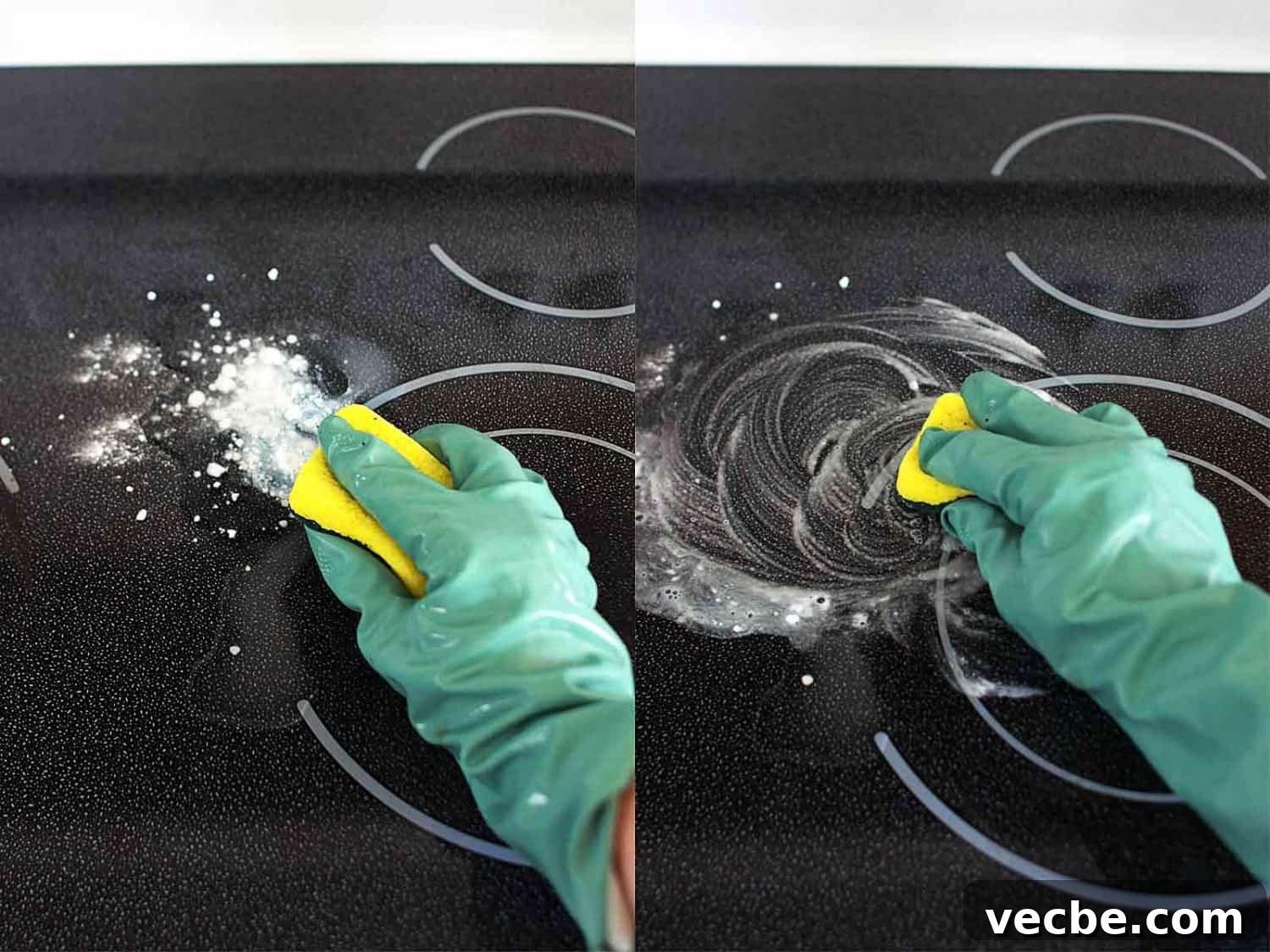 Remove Burn Marks from Glass Stovetop Without Scratching 4 a gloved hand is scrubbing a stovetop.