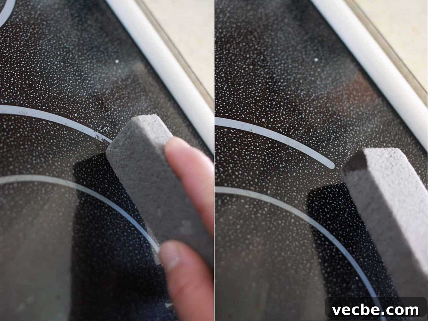 Remove Burn Marks from Glass Stovetop Without Scratching 5 a pumice scouring stick is scrubbing burnt on black stains from an electric stove top