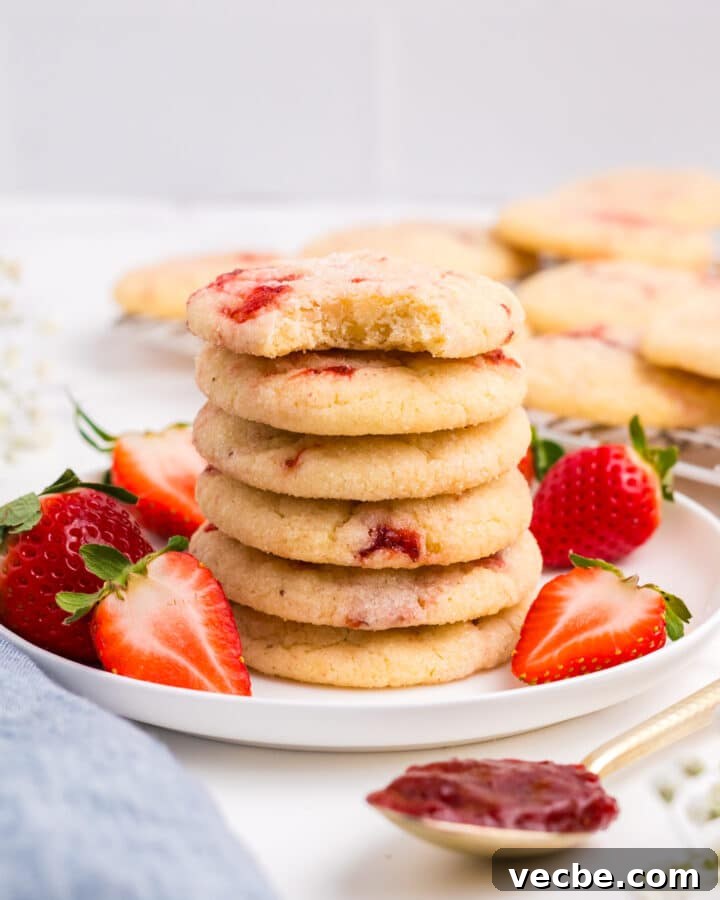 A stack of strawberry sugar cookies on a plate.