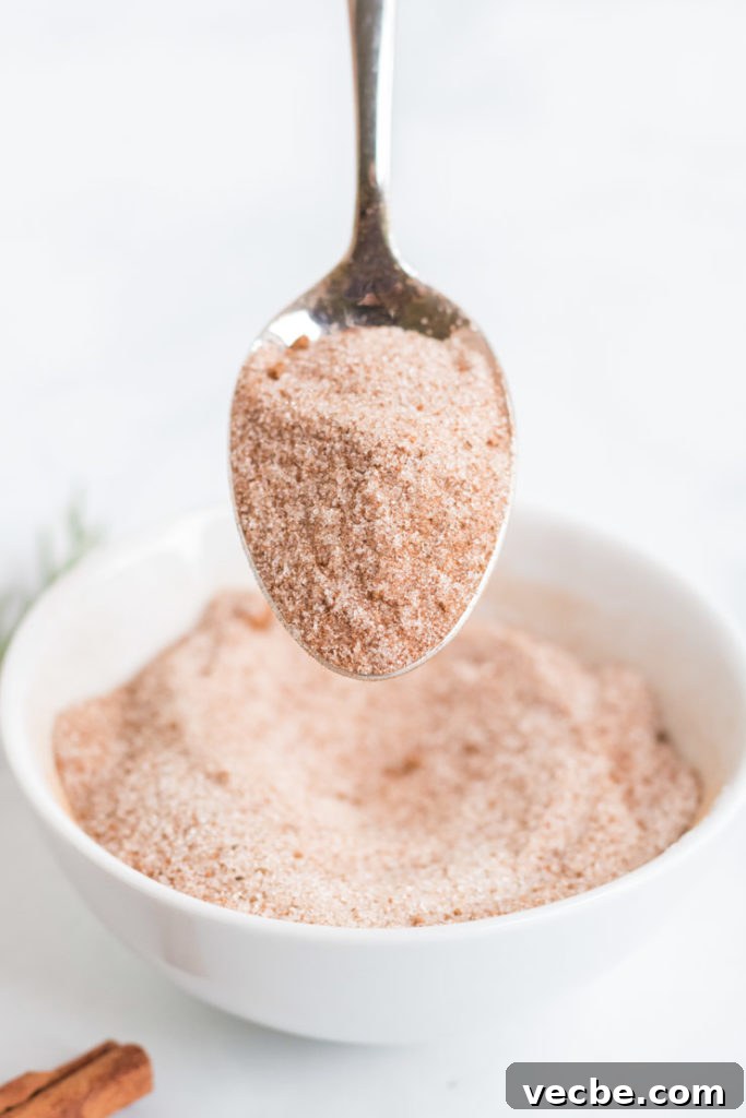 Soft Eggnog Cookies with Warm Holiday Spices 4 Cinnamon and sugar on a spoon.
