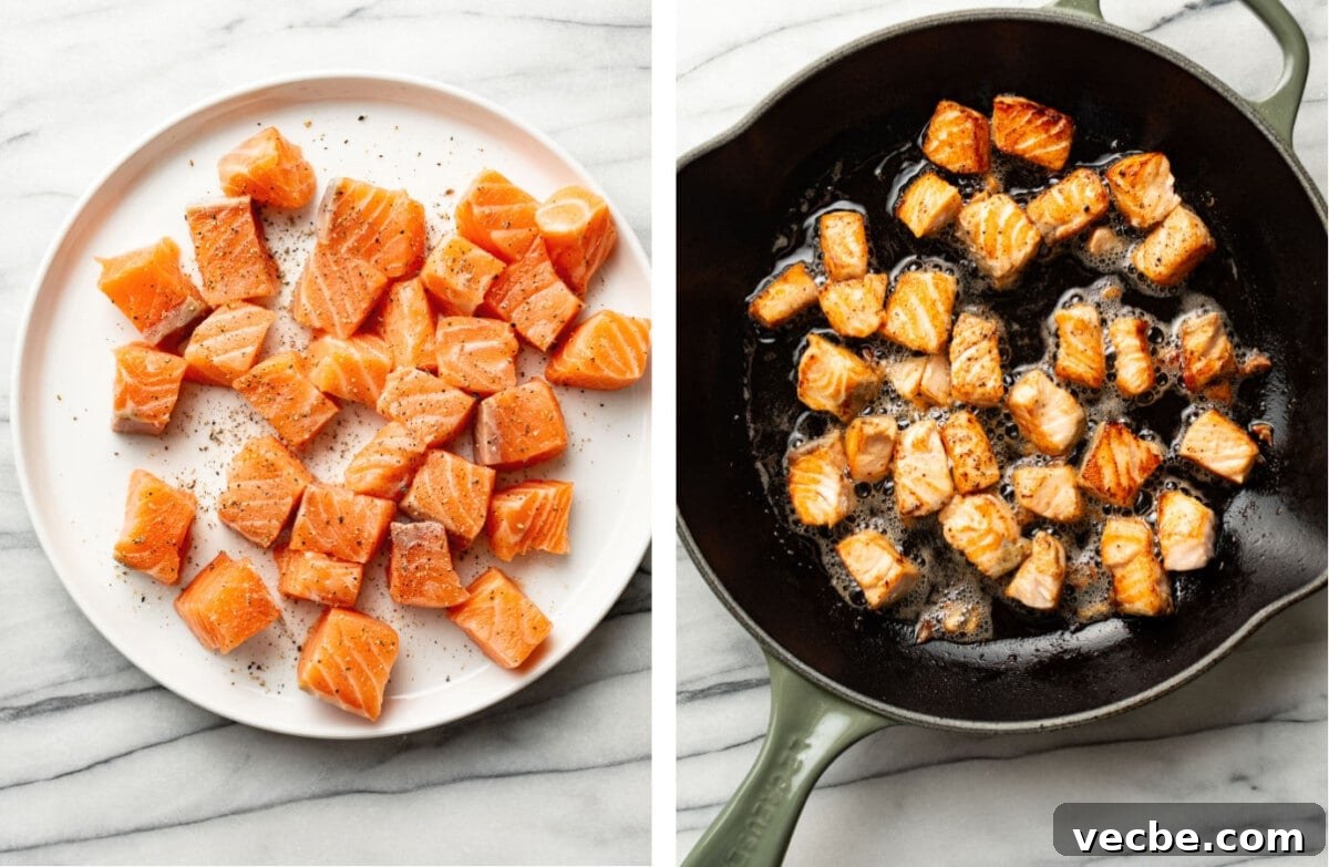 Pan-Seared Garlic Butter Salmon Bites Recipe 4 a plate with uncooked salmon bites and pan searing them in a skillet