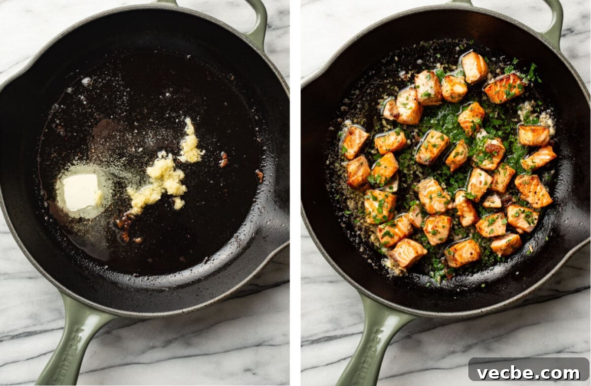 Pan-Seared Garlic Butter Salmon Bites Recipe 5 making garlic butter sauce in a skillet and adding salmon bites and parsley