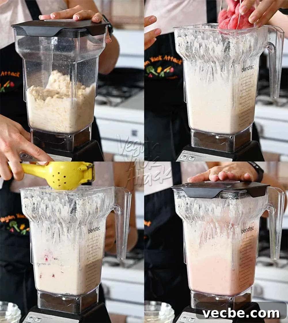 Creamy Strawberry Oat Milk Popsicles Recipe 4 Image collage of ingredients being added to a blender and pureed