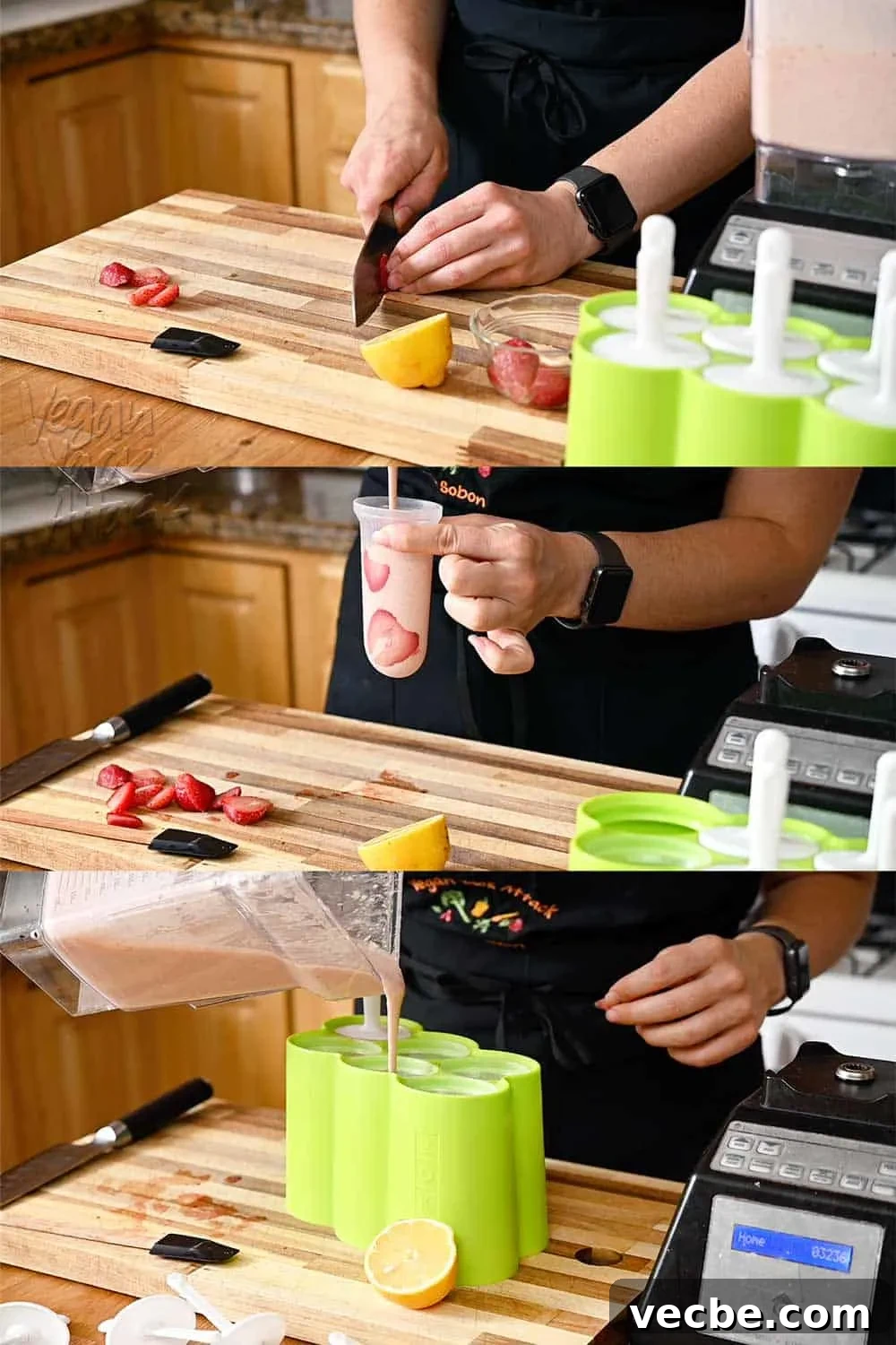 Creamy Strawberry Oat Milk Popsicles Recipe 5 Image collage of slicing strawberries and assembling popsicles