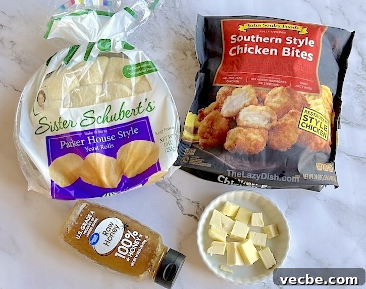 How to Make Copycat Chick-fil-A Chicken Minis 4 Ingredients for making copycat Chick-fil-A chicken minis at home including Sister Schubert's rolls, south style chicken bites, honey, and butter.