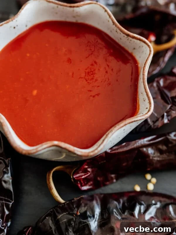 How to Make Mexican Chamoy Sauce at Home 12 Red Chile sauce in a bowl surrounded by dried New Mexico Chile pods.