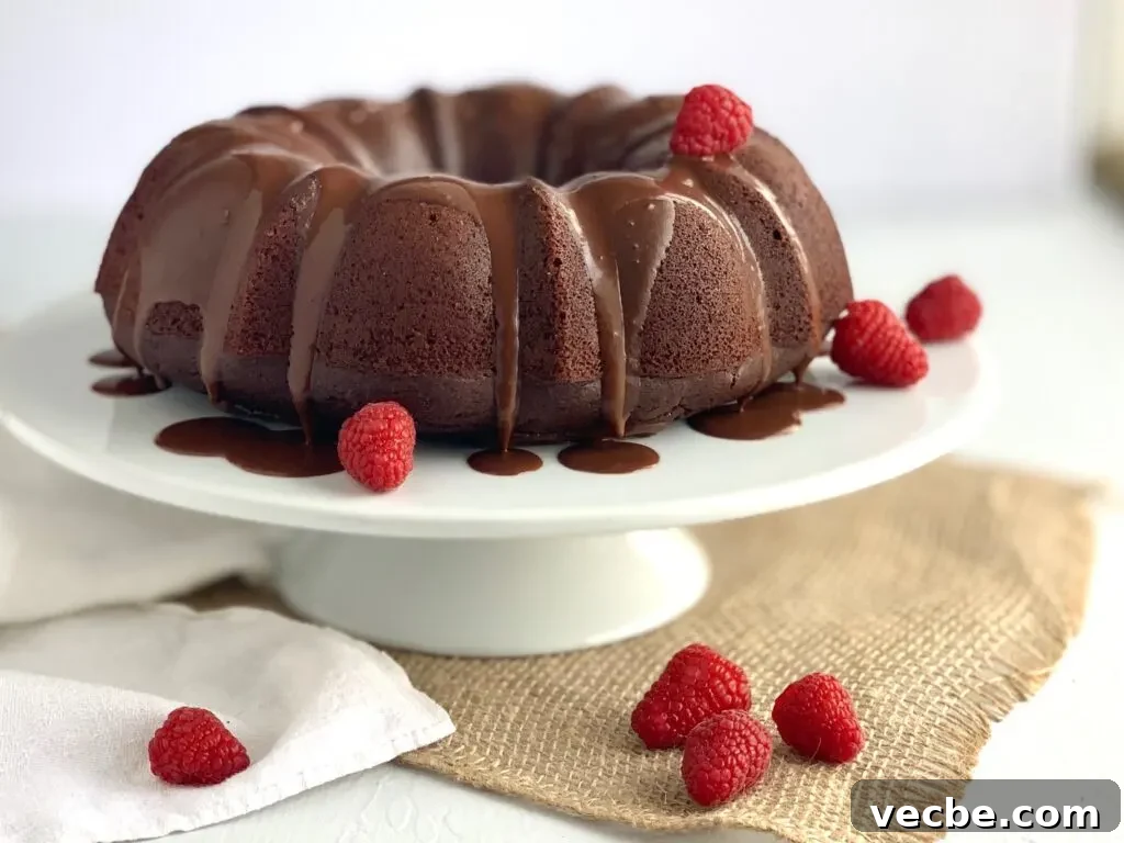 Romantic Valentine's Day Recipes for Two 7 A large chocolate bundt cake on a white serving cake plate with a chocolate ganache running down the sides and random strawberries throughout.