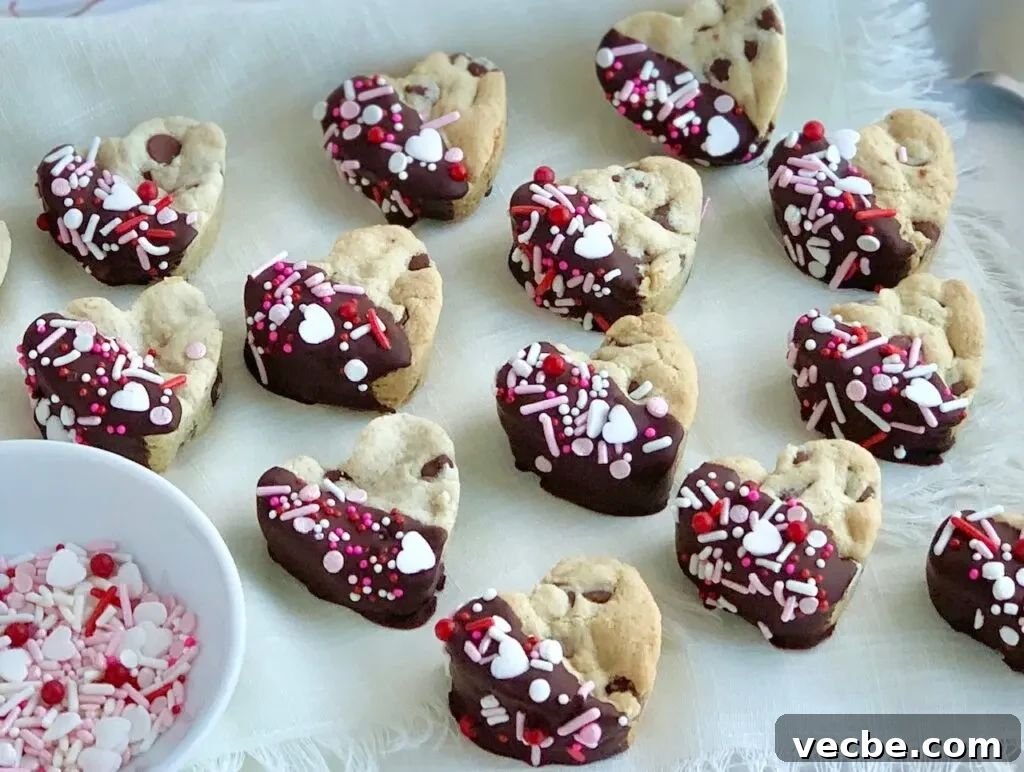 Romantic Valentine's Day Recipes for Two 8 4 rows of mini heart shaped chocolate chip cookies that have been dipped halfway into melted chocolate then topped with pink, white, and red sprinkles.
