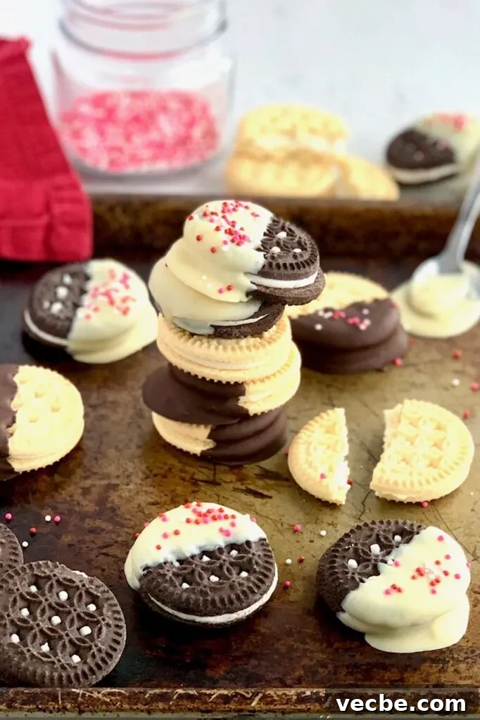 Romantic Valentine's Day Recipes for Two 15 A sheet pan full of GF DF oreos half dipped in white chocolate or chocolate then topped with sprinkles.