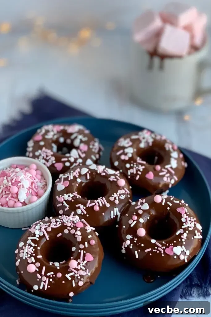 Romantic Valentine's Day Recipes for Two 2 Chocolate Donuts with a chocolate ganache icing topped with white and pink sprinkles on a blue plate.