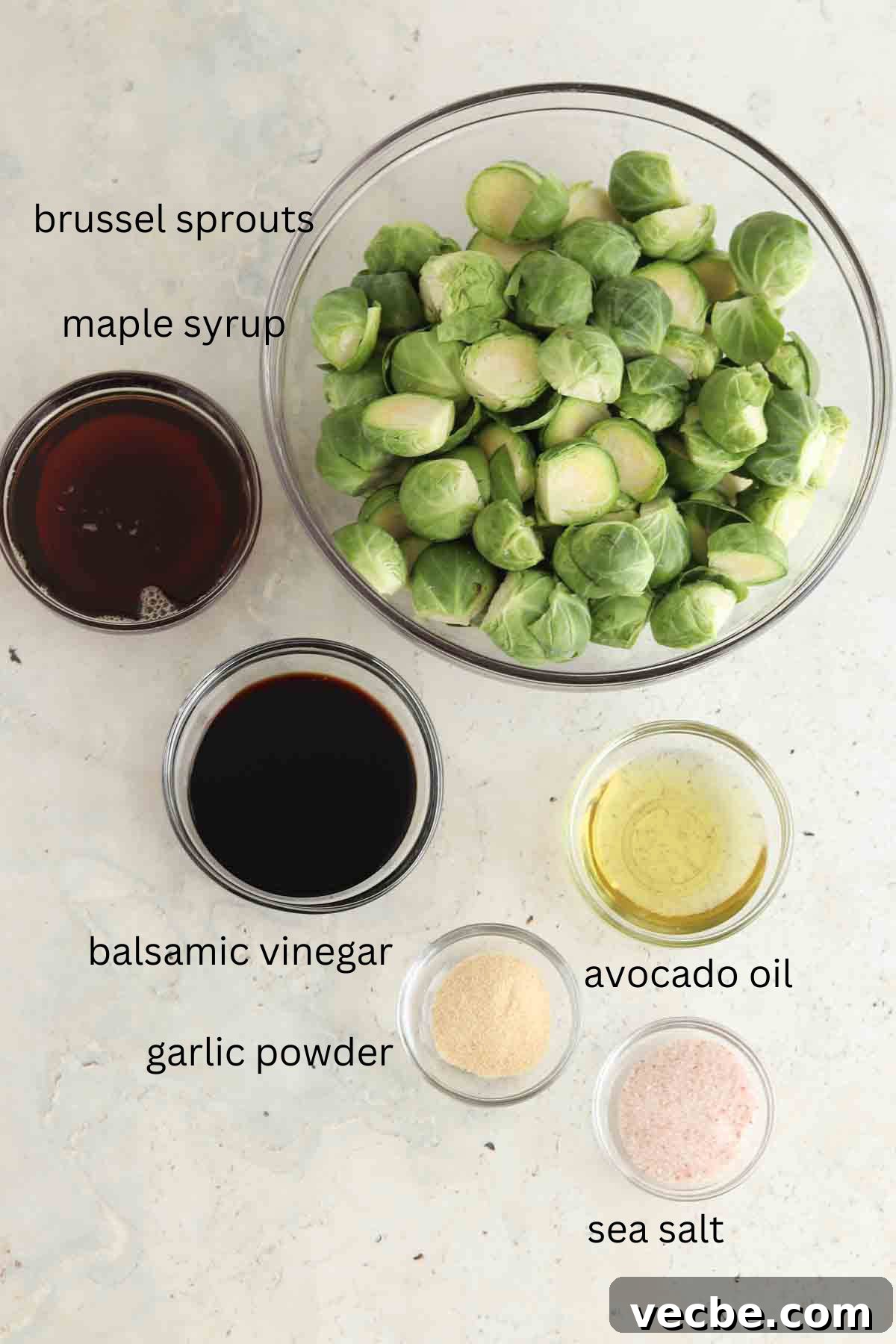 Maple Balsamic Brussels Sprouts 2 Balsamic maple brussel ingredients laid out in glass bowls.