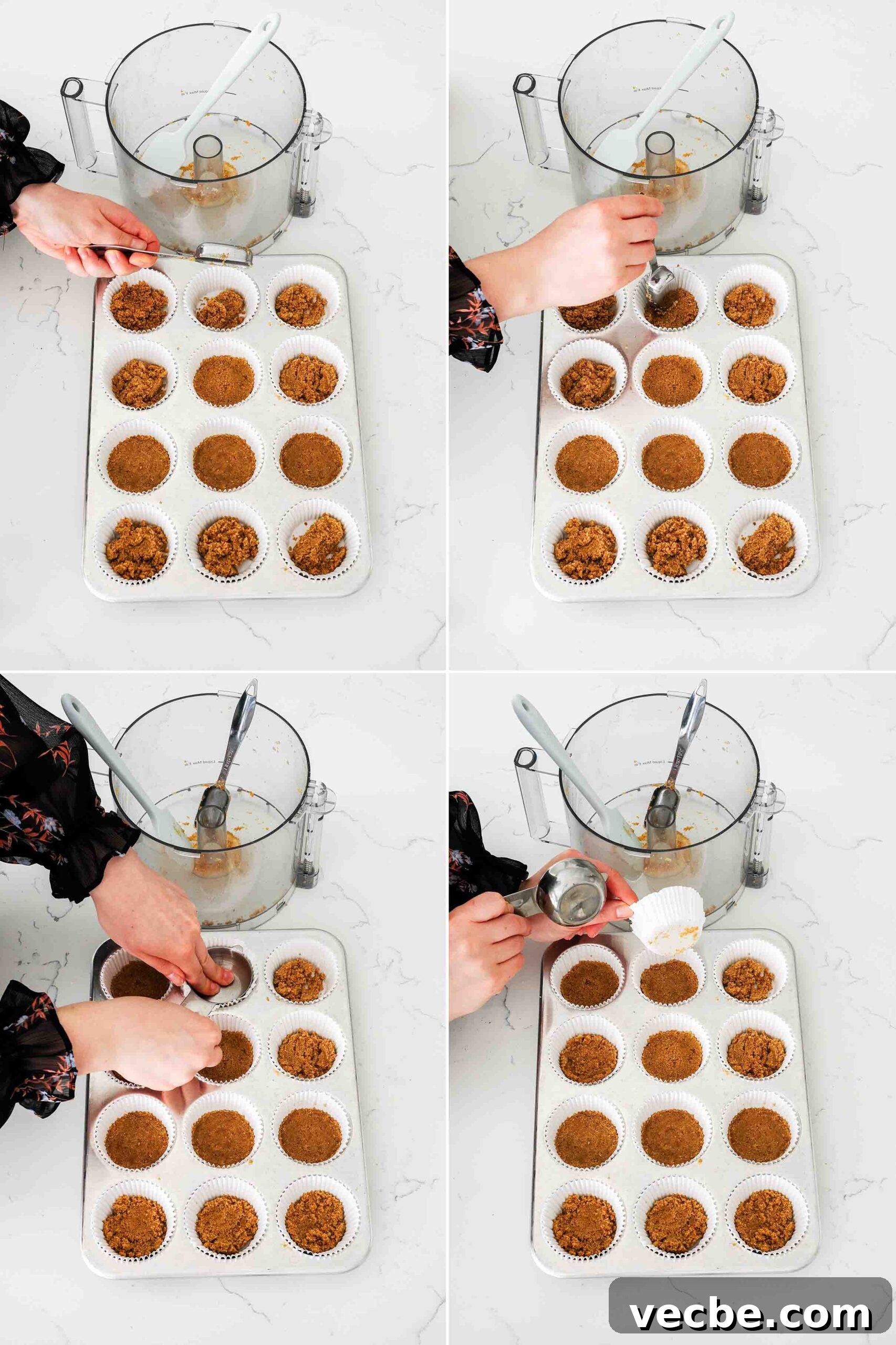 Mini Pecan Pie Cheesecake Bites Recipe 6 A four-part process graphic showing how to fill and pack muffin liners with graham cracker pecan crust.