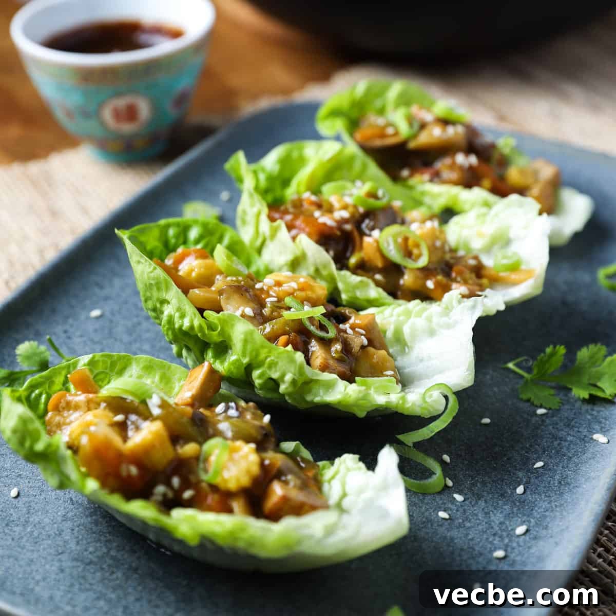 Quick Chinese Pickled Cucumbers Recipe 14 Photo of lettuce leaves with vegan san choy bau filling inside.