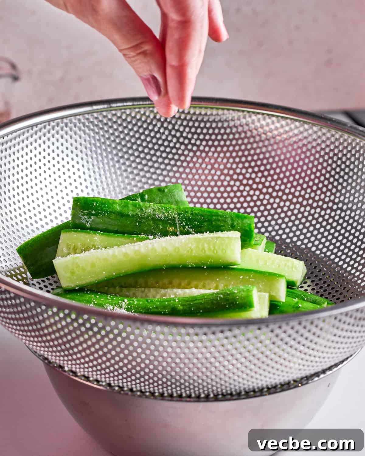 Quick Chinese Pickled Cucumbers Recipe 6 Photo of cucumbers in a colander and someone sprinkling salt on top.