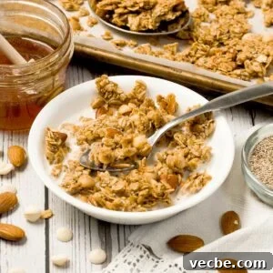 Vanilla almond granola with white chocolate chips and a small white bowl with a spoon.