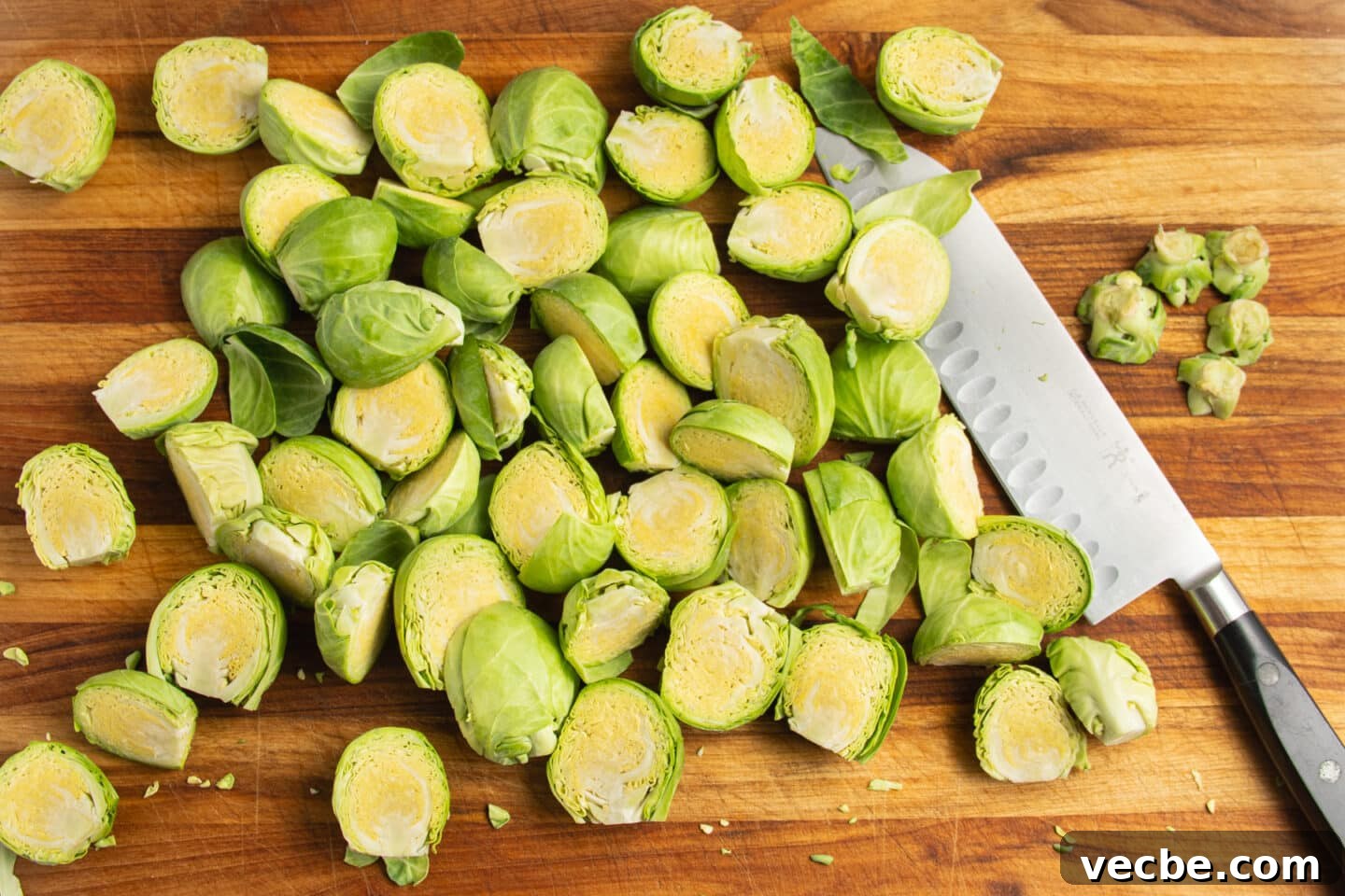 Crispy Oven-Roasted Brussels Sprouts with Feta 5 This is a picture of chopped Brussels sprouts.