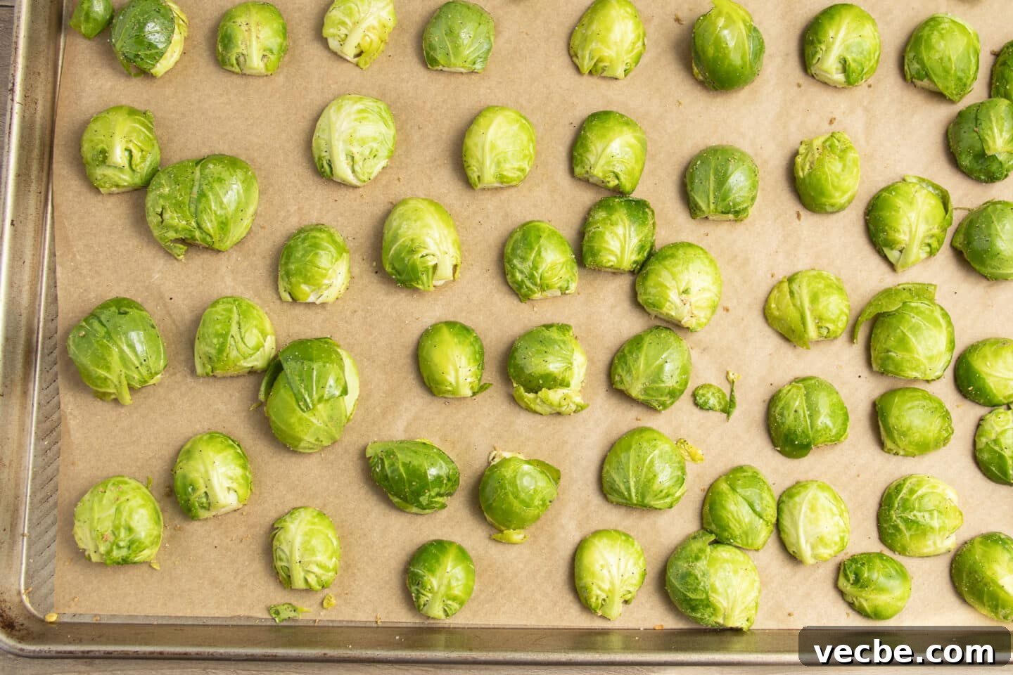 Crispy Oven-Roasted Brussels Sprouts with Feta 8 This is a picture of a baking sheet of Brussels sprouts.