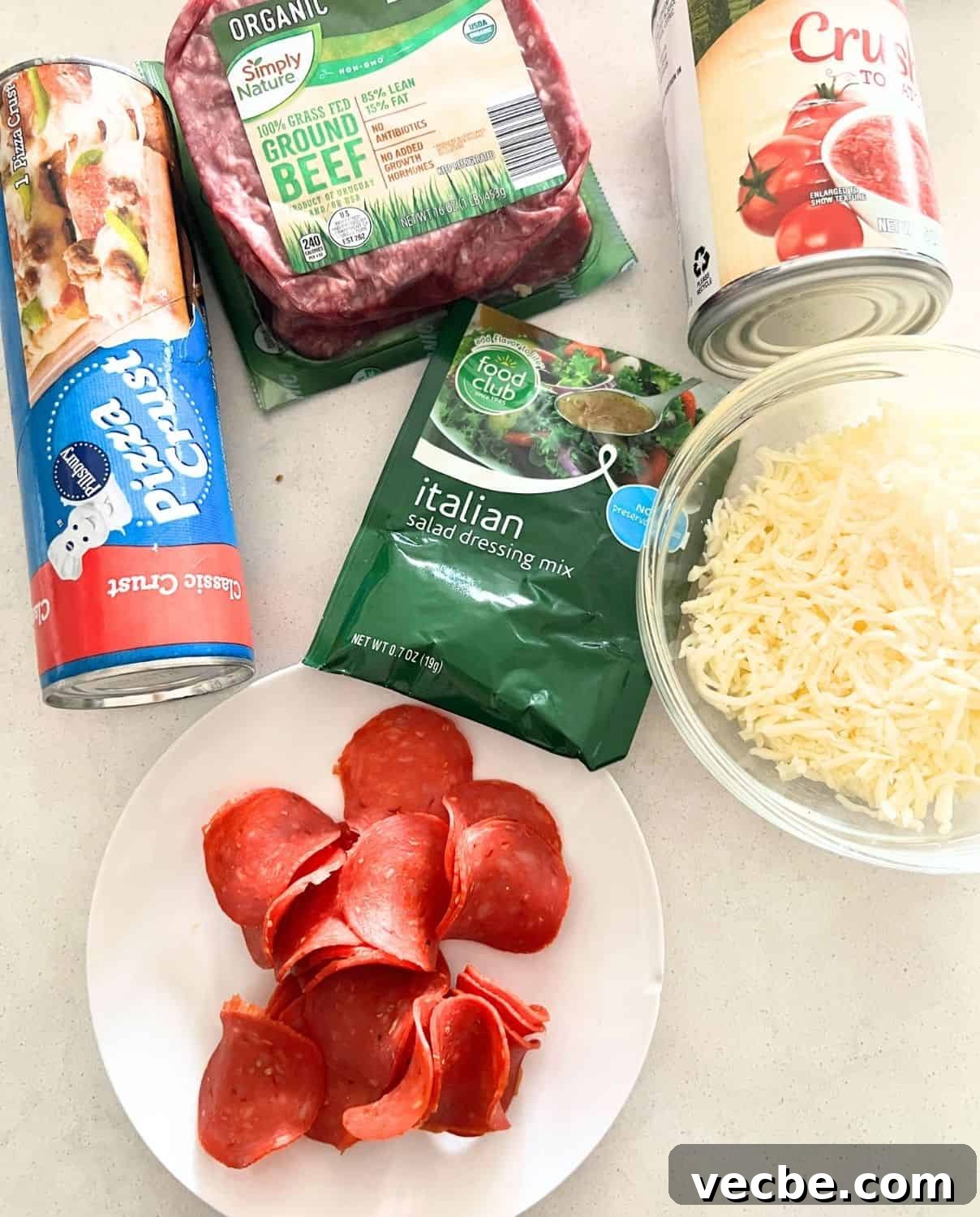 Chicago-Style Deep-Dish Pizza Casserole Recipe 3 Ingredients needed for deep dish pizza casserole.