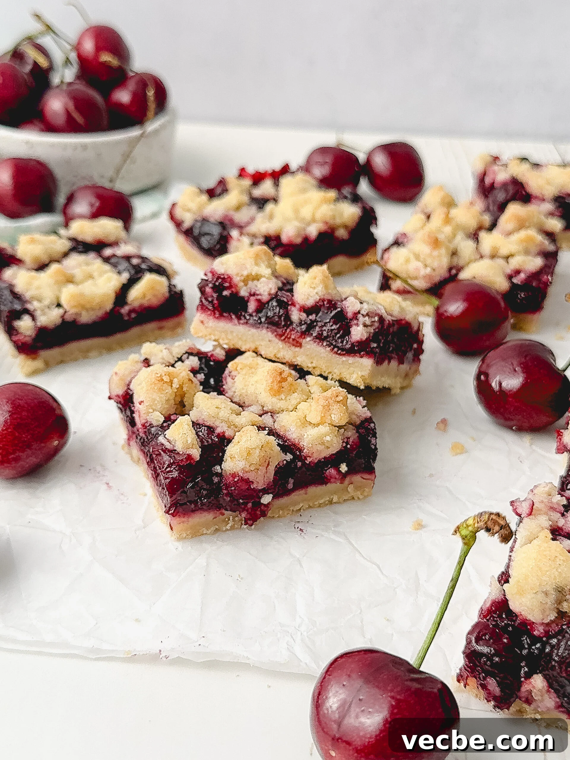 Cherry Crumb Bars with Buttery Streusel Topping 9 Cherry crumb bars served on a plate