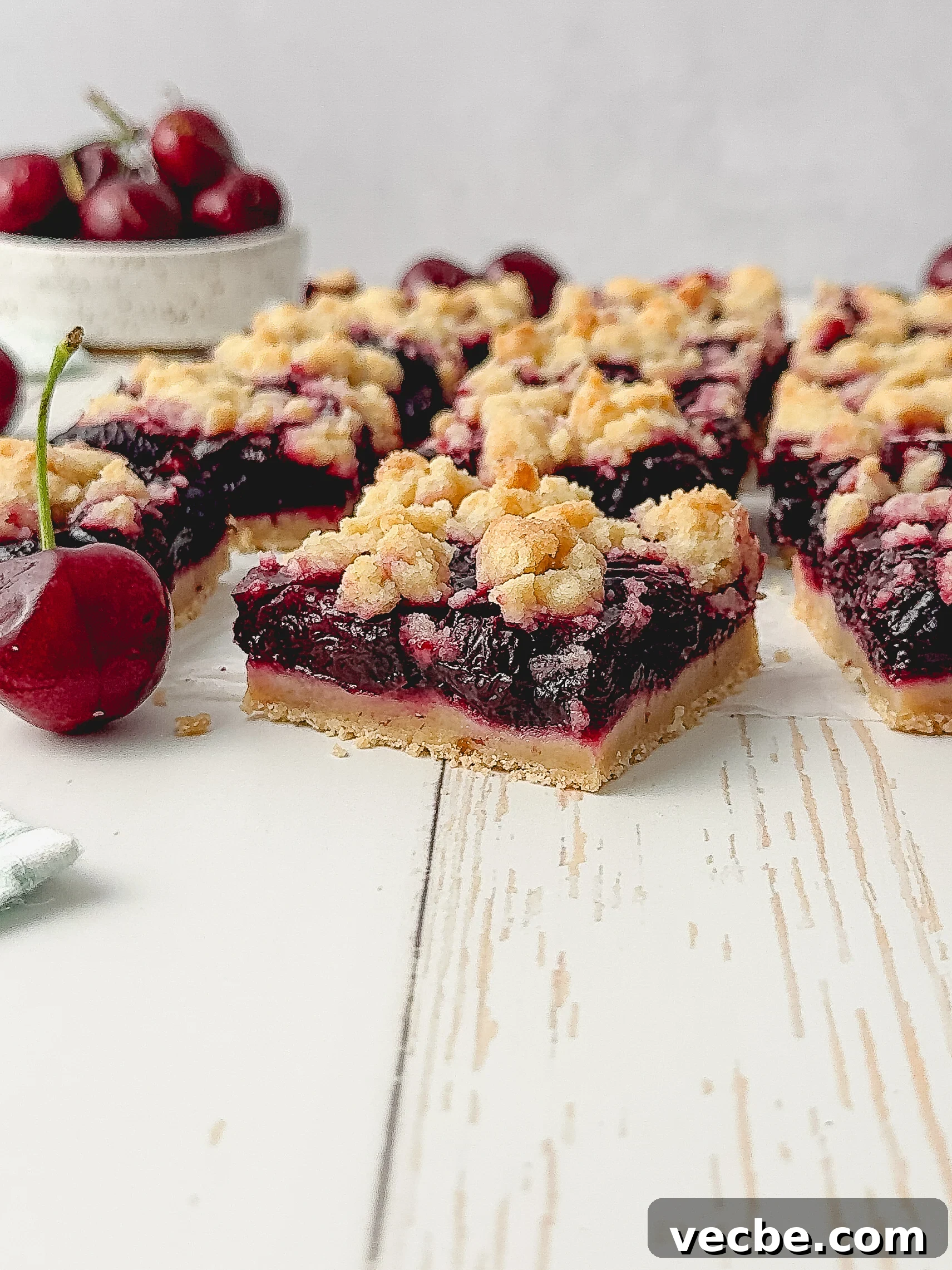 Cherry Crumb Bars with Buttery Streusel Topping 7 Cherry crumb bars sliced and ready to serve