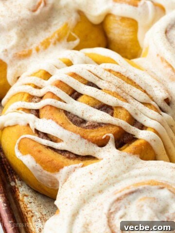 Baked frosted pumpkin cinnamon rolls in metal pan.