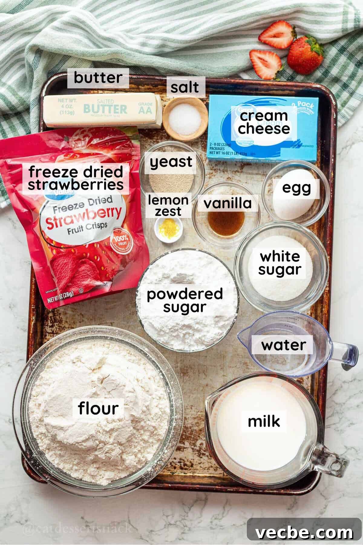 Strawberry Cheesecake Cinnamon Rolls Recipe 3 Labeled ingredients for strawberry cheesecake cinnamon rolls.