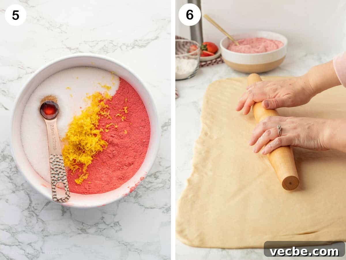 Strawberry Cheesecake Cinnamon Rolls Recipe 6 Strawberry powder, sugar, and vanilla in white bowl and rectangle of raw dough with rolling pin.