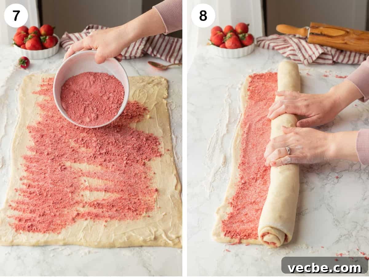 Strawberry Cheesecake Cinnamon Rolls Recipe 7 Strawberry sugar filling over buttered dough and hands rolling dough into long roll.