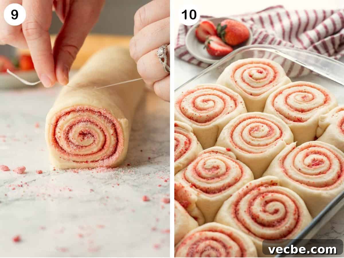 Strawberry Cheesecake Cinnamon Rolls Recipe 8 Cutting strawberry rolls with floss and risen rolls in glass pan.