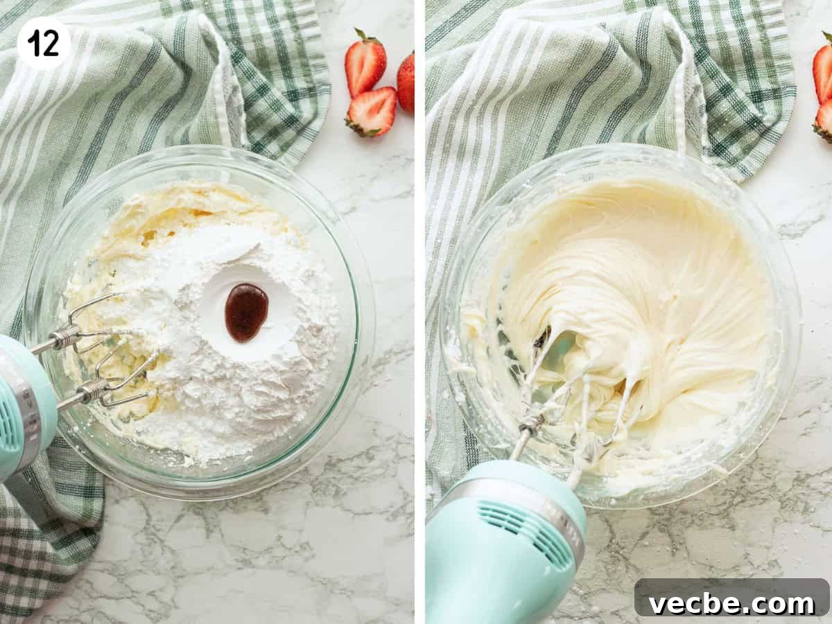 Strawberry Cheesecake Cinnamon Rolls Recipe 9 Cream cheese, powdered sugar, and vanilla in mixing bowl and mixed frosting.