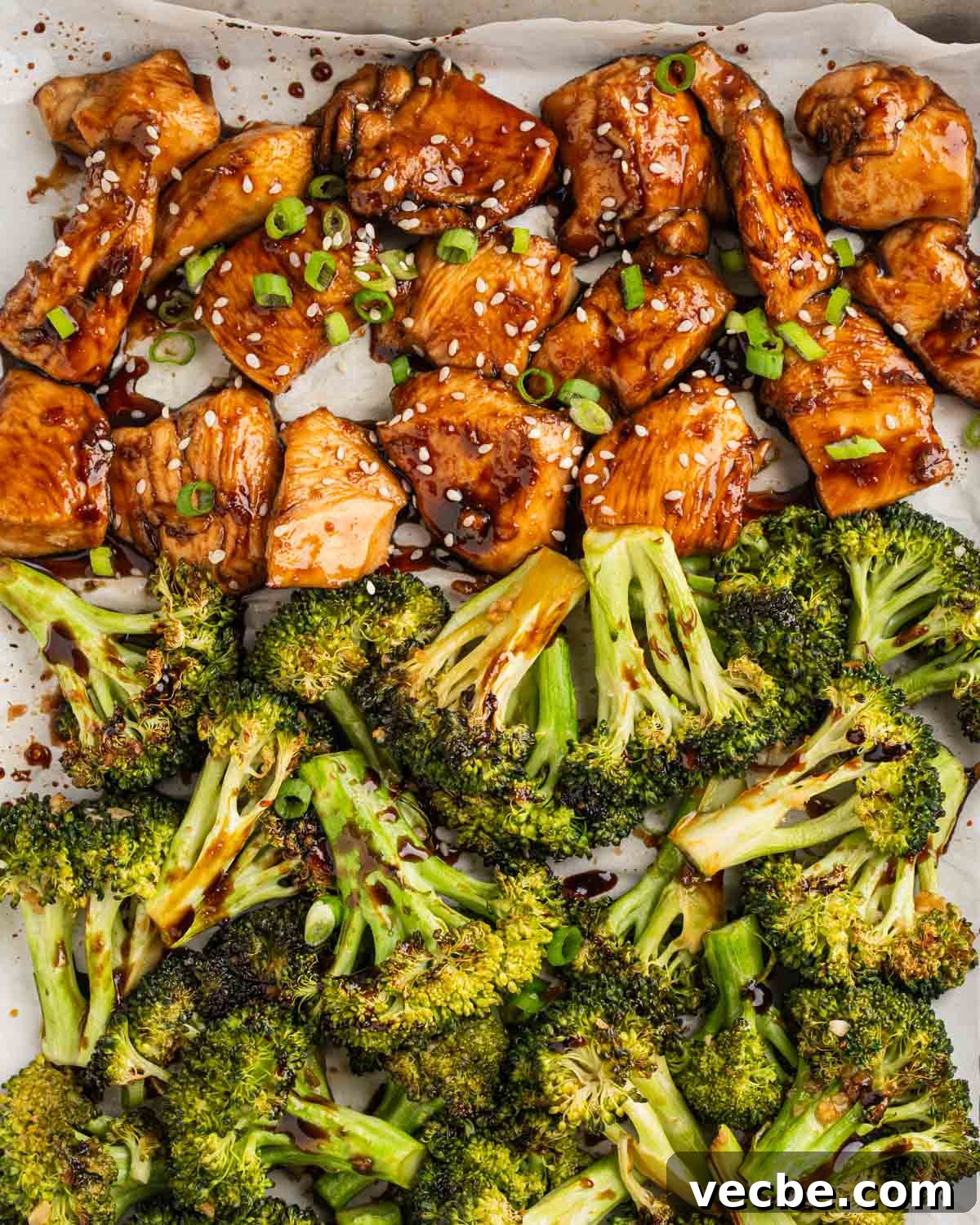 Sheet Pan Teriyaki Chicken and Broccoli Recipe 4 teriyaki chicken and broccoli on a sheet pan.