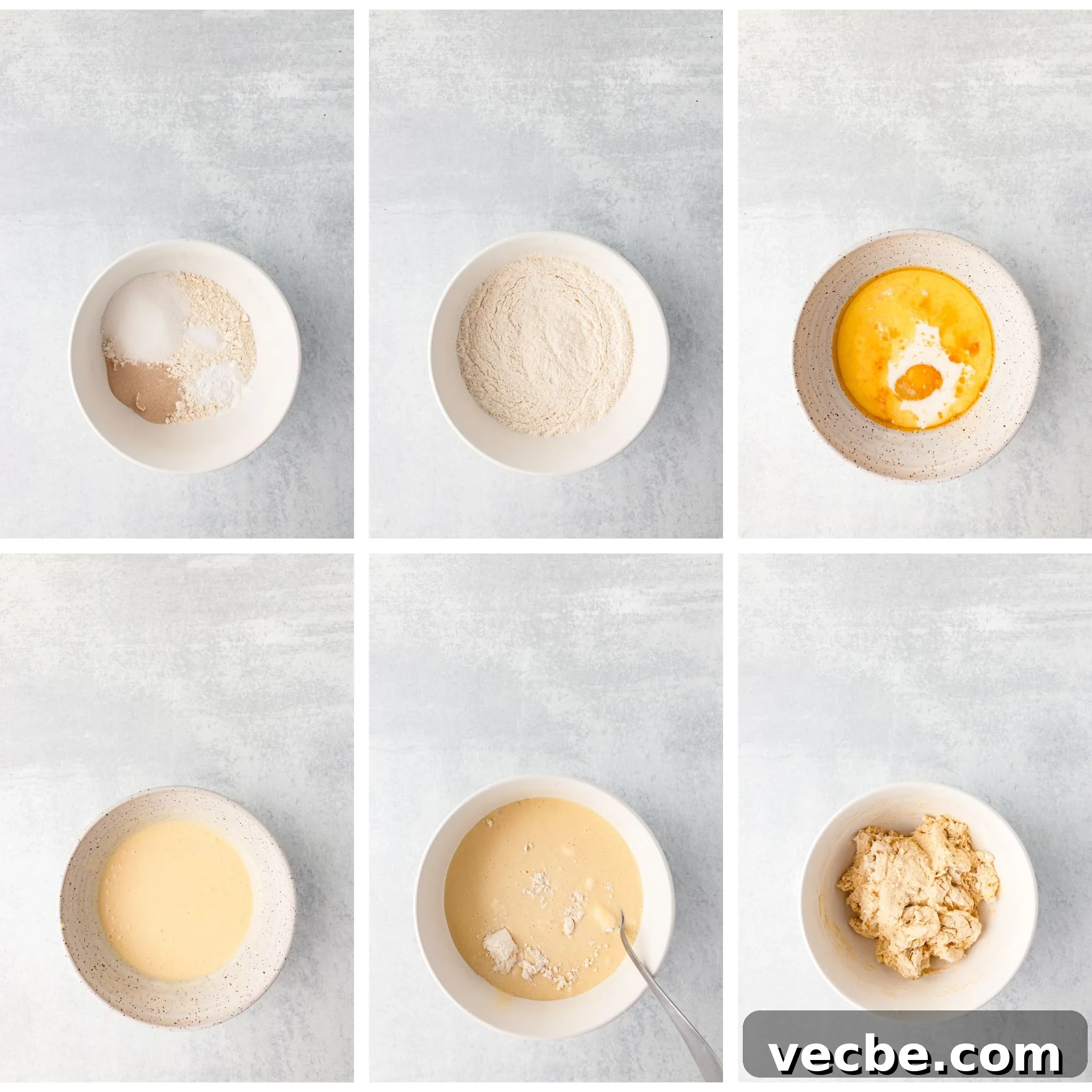 Step-by-step baking process: flour and sugar in a bowl, mixed dry ingredients, eggs added, blended mixture, wet ingredients combined, and final dough ready for baking.