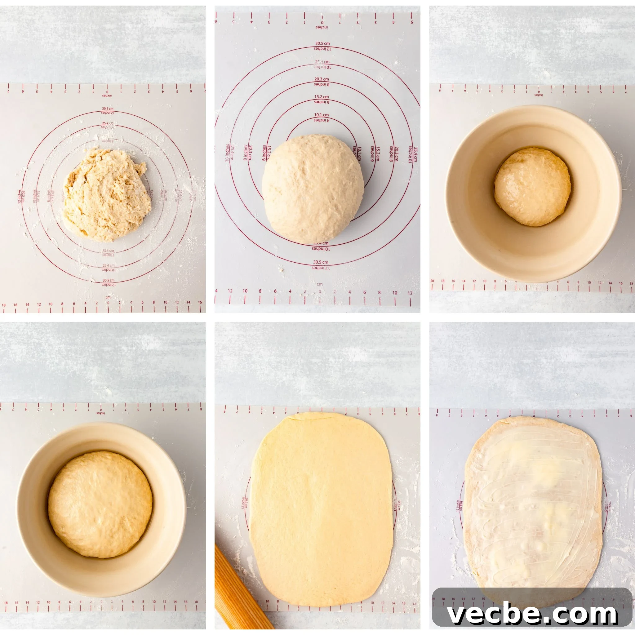 A six-step image series showing dough preparation: 1) A ball of mixed dough on a pastry mat. 2) Dough balled up on the mat. 3) Dough in a bowl. 4) Dough risen in the bowl. 5) Rolled out dough on the mat. 6) Dough spread with butter.