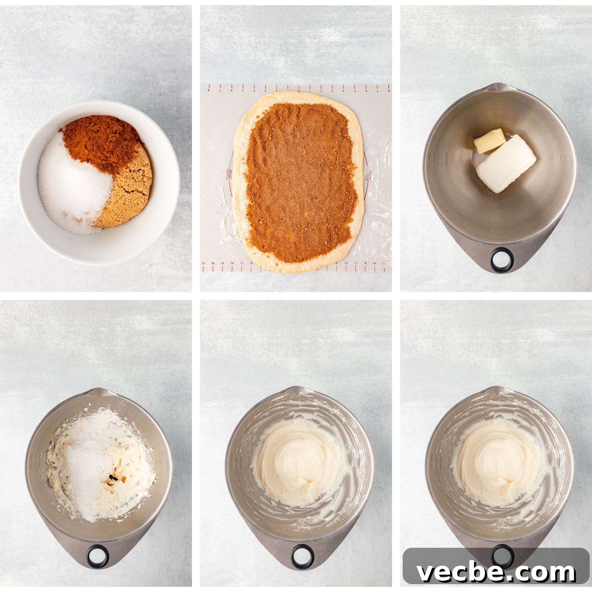 A collage of six images showing the steps for making cinnamon rolls. Ingredients include sugar, cinnamon, and butter. Images show the process from mixing ingredients to spreading cinnamon on dough and making cream cheese frosting in a bowl.