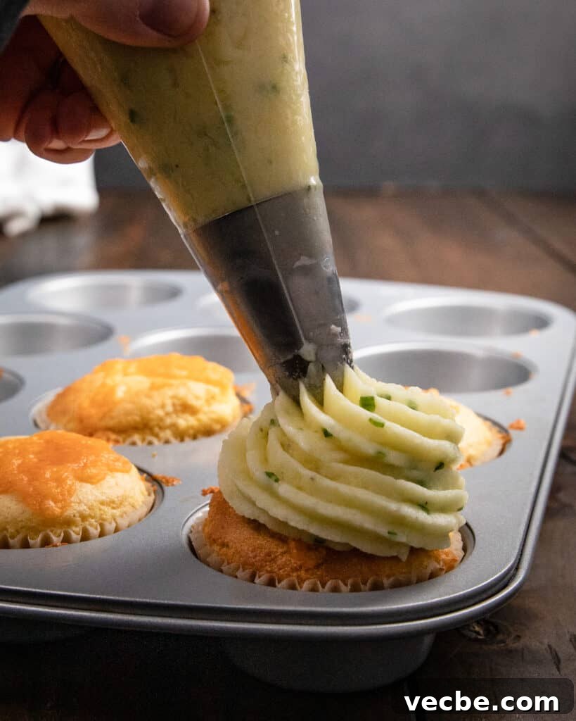 Savory Cornbread Cupcakes Topped with Mashed Potatoes Recipe 6 Piping mashed potatoes onto cornbread muffins
