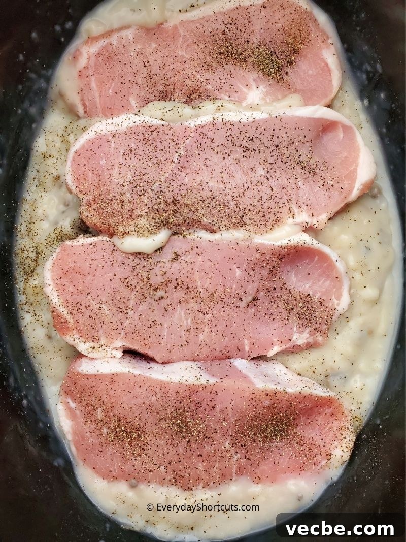 Slow Cooker Pork Chops with Potatoes and Green Beans 6 Cream of mushroom soup in the slow cooker