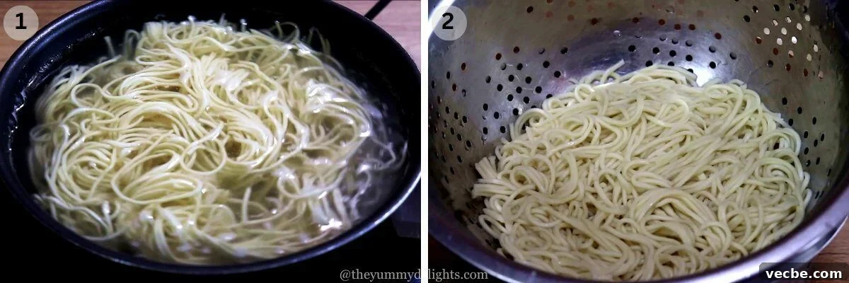 15-Minute Garlic Chili Oil Noodles Recipe 4 collage image of 2 steps showing cooking noodles to make garlic chili oil noodles.