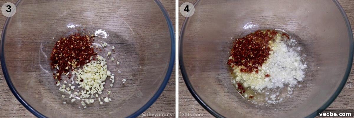 15-Minute Garlic Chili Oil Noodles Recipe 5 collage image of 2 steps showing pouring hot oil over chili flakes and garlic to make garlic chili oil noodles.