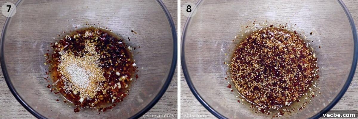 15-Minute Garlic Chili Oil Noodles Recipe 6 collage image of 2 steps showing how to make homemade chili oil.