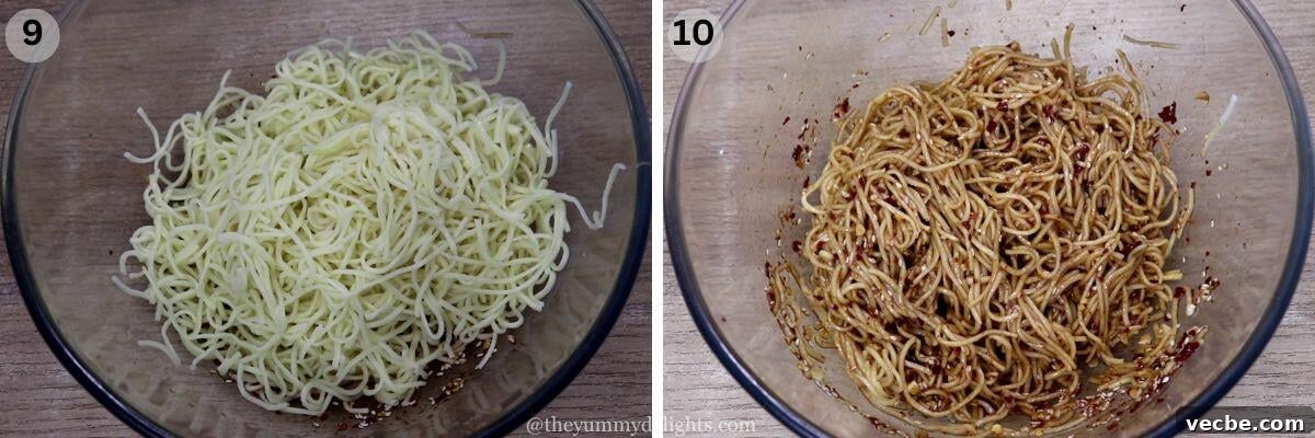 15-Minute Garlic Chili Oil Noodles Recipe 7 collage image of 2 steps showing tossing the noodles with garlic chili oil.