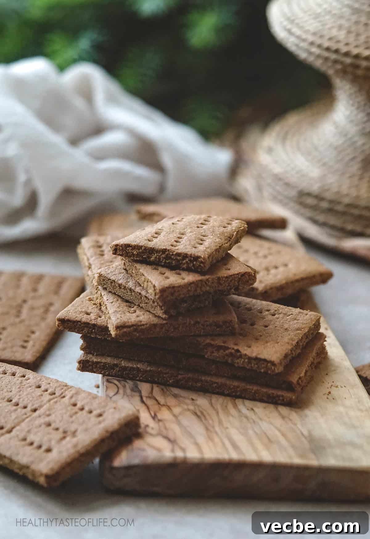 Gluten Free Vegan Graham Crackers Recipe 3 Gluten free vegan graham crackers with healthier ingredients stacked on a board after baking