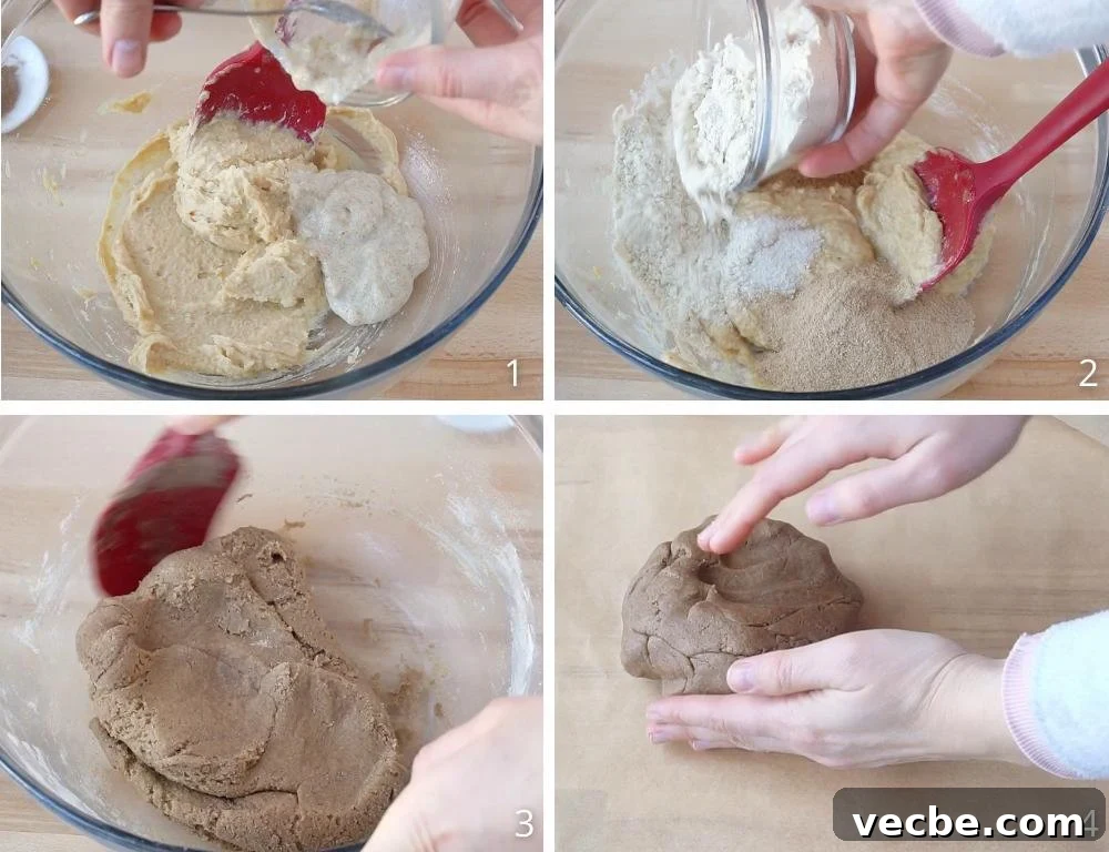 Gluten Free Vegan Graham Crackers Recipe 5 Process shots showing how to make gluten free dairy free graham cracker dough, order of how to mix ingredients and how to shape the dough.