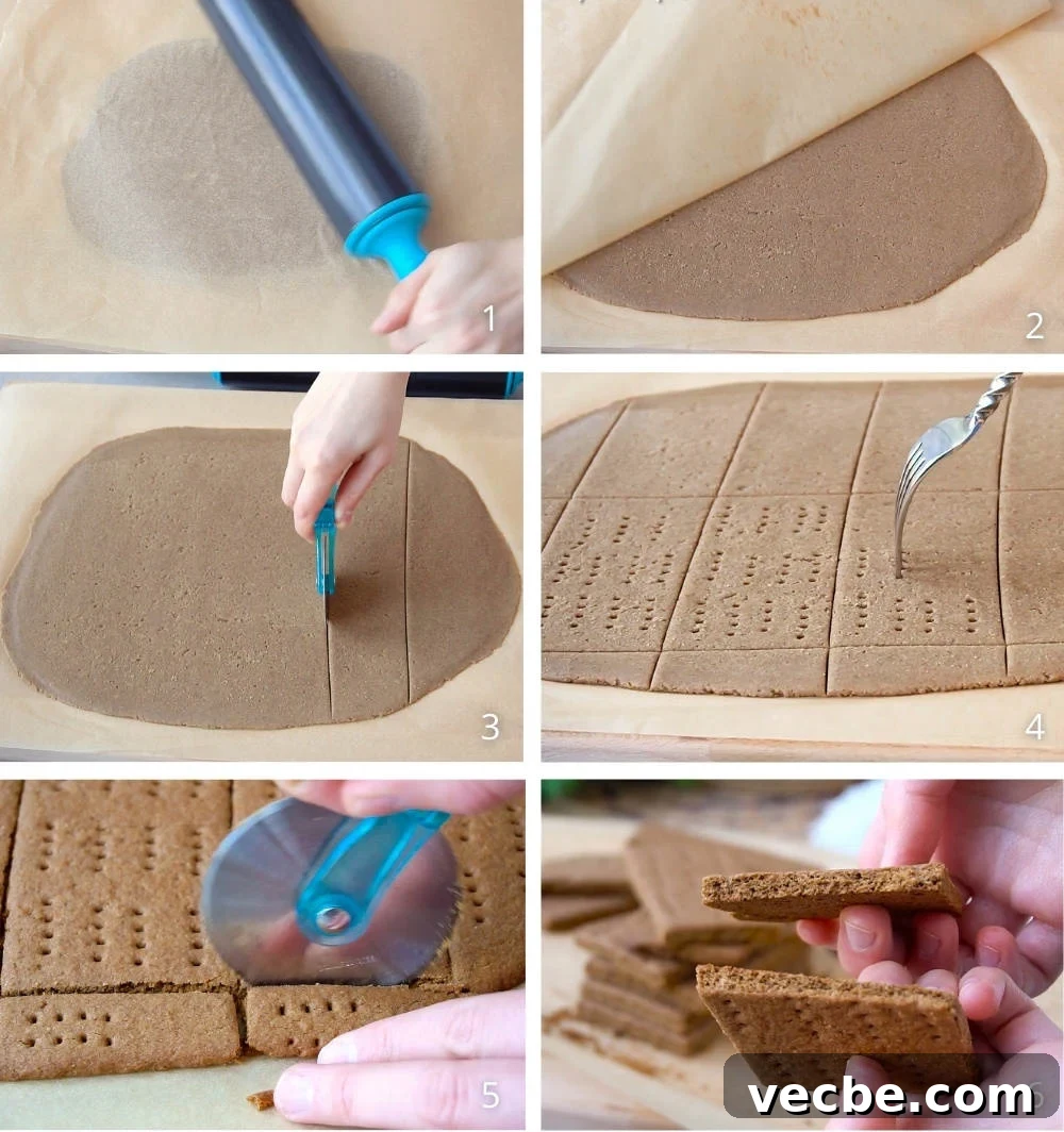 Gluten Free Vegan Graham Crackers Recipe 6 Process shots showing how to make graham crackers step by step, how to roll the dough thin before baking, cut and how to bake